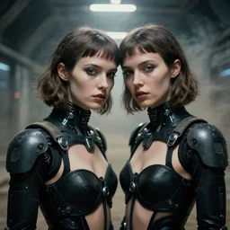 cinestill 5 0 d photographic portrait by helen levitt of two loving female cyborgs wearing black waist cutout techwear in a retrofuturist liminal tunnel underground, extreme closeup, modern cyberpunk, dust storm, 8 k, hd, high resolution, 3 5 mm, f / 3 2, ultra realistic faces, intricate detail, ex machina