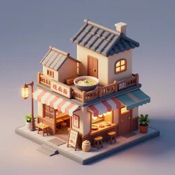 a detailed octane render of a old village 3 d cuboid isometric ramen shop, volumetric lighting, outside view, 3 quarter view, ray tracing, dramatic lighting, unreal engine 5, global illumination, physical based render. balanced and aesthetically pleasing pastel colors.
