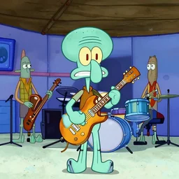 photo of squidward from inside a 1 9 3 0's jazz ensemble