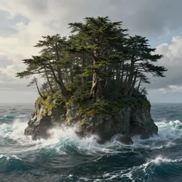 island with cedar trees in ocean with rough foamy waves, windy, game of thrones, volumetric lighting, fantasy artwork, very beautiful scenery, very realistic painting effect, hd, hdr, cinematic 4 k wallpaper, 8 k, ultra detailed, high resolution, artstation