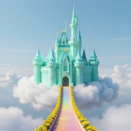 photo, a small fairytale - like light turquoise castle with many filigree towers of different heights floats on a shimmering fleecy cloud, a winding, rainbow - colored path leads to a portal ornate with garlands of yellow flowers. fluorescent, realistic, wide angle, nikon