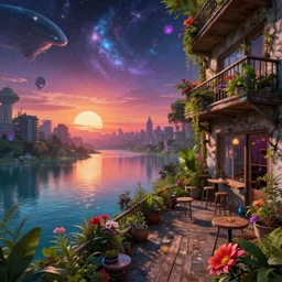 a beautiful very detailed rendering of building patios and deck urbex city nature by thomas cole, cosmic universe extraterrestial water sci - fi gem bioshock sunset at dawn retrowave vaporwave uranus morning sun liberty city at summer scumm bar futuristic flowers evil lake anime at dusk, archdaily, wallpaper, highly detailed, trending on artstation.
