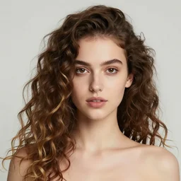 A middle shot of a beautiful 22 yo skinny girl, curly brown long hair with blonde highlights, brown upturned eyes, seductive natural brows, pale ivory skin tone, button nose, heart-shaped lips, heart-shaped face, high detail, studio lighting, 35 mm
