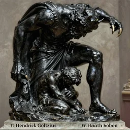 The sculpture shows a the large, black-clad figure of the king looming over a small, defenseless figure huddled at his feet. The king's face is hidden in shadow, but his menacing stance and the large, sharp claws on his hands make it clear that he is a dangerous and powerful creature.  by Hendrick Goltzius, by Grant Wood, by W. Heath Robinson lush