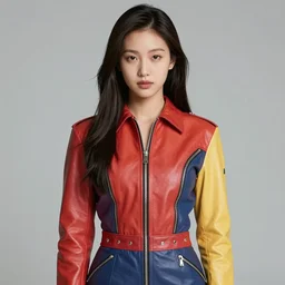 technicolor, youthful asian demure, exquisite features, feminine cut, frontiers in flight leather suit, ultra chunky zips, ellen von unwerth studio,