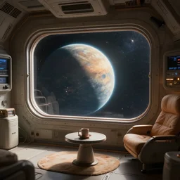spaceship interior with a view on newly discovered planet, fantasy, natural light, concept art, by greg rutkowski, cozy atmospheric and cinematic lighting, trending on artstation