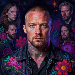 portrait of charlie hunnam, hyper detailed masterpiece, neon floral pattern, jean giraud, digital art painting, darkwave goth aesthetic, psychedelic, artgerm, donato giancola and tom bagshaw