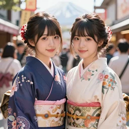 dreamlike art, loish, 8 k resolution, hyper details, big eyes, realistic shaded lighting poster by artgerm, 4 k realistic, realistic shaded, cryengine, luxury, fuji choko, smile, two beautiful fashion anime girls wear fantasy kimono in festival, ross tran, sunny, good looking, trending on artstation