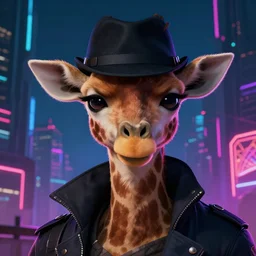 portrait of furry detecive in the neon noir cyberpunk city furry anthropomorphic giraffe in black hat, epic portrait illustration, darek zabrocki, noah bradley, artstation, photorealistic close - up portrait, detailed illustration portrait, incredible details, disney stylized furry, dark cyberpunk illustration