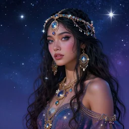 charming and miracle female luxury astromancer in the starry sky, boho channel accessories, star sparkles, sharp focus, d & d, epic retrowave art, masterpiece, trending on art station, fantasy, digital painting, highly detailed, 8 k realistic, dof, art by artgerm, greg rutkowski, sasoura, satchely, no distorsion