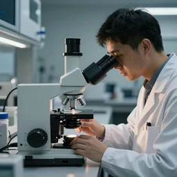 scientist working with an electron microscope in a clean room, photography