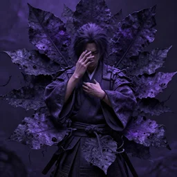 an introvert samurai numbed in a highly detailed over dimensional leaves that are not from this world decaying with black vaines, dark fantasy, photorealism, unreal engine, purple hue