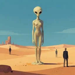 desert with alien made statue, illustrated, epic composistion, moebius, edward hopper and james gilleard, zdzislaw beksinski, steven outram, volumetric lighting, surreal flat colors, concept art