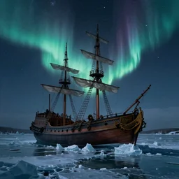 digital painting of a 18th century ship stuck in ice on a cold sea at night. Sharp focus. Northern lights. Cinematic composition. Highly detailed. Low light, high contrast. Starry sky.