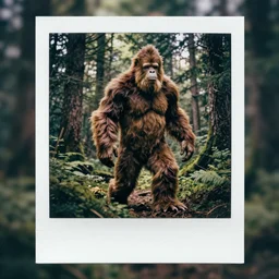 a polaroid photo capturing bigfoot in the forest