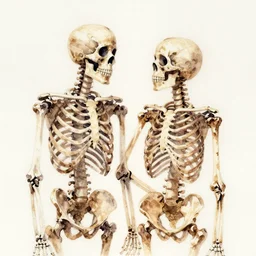 male and female skeleton couple holding and staring at each other, watercolor painting