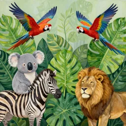 a beautiful painting of any of various large tropical plant leaves, ornat concept art illustration, two macaws fly in the air, koala, zebra, lion, paint on canvas