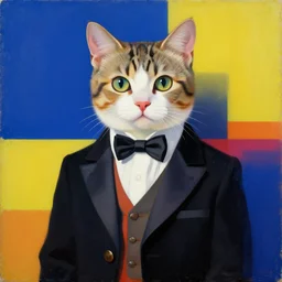 a bauhaus style painting of a kitten in a napoleon style suit