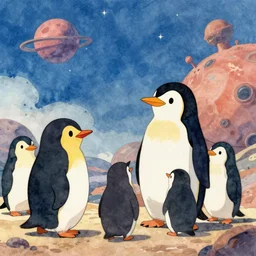 wholesome animation key shot, penguins explore alien planet, studio ghibli, pixar and disney animation, sharp, disney concept art watercolor illustration by mandy jurgens and alphonse mucha and alena aenami, pastel color palette, dramatic lighting
