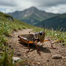 a cricket ( gryllus ), insect. dirt and grass mountain path in avila mountains, 4 k, concept art, by wlop, ilya kuvshinov, artgerm, krenz cushart, greg rutkowski, pixiv. cinematic dramatic atmosphere, sharp focus, volumetric lighting, cinematic lighting, studio quality, cricket eyes reflections. legs. beautiful composition