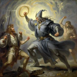 stunning male master wizard fighting god, highly detailed painting by gaston bussiere, craig mullins, j. c. leyendecker, 8 k
