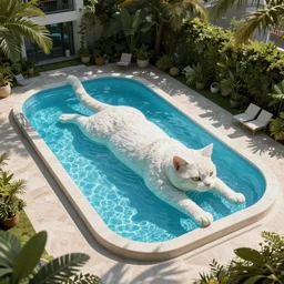 a swimming pool shaped like a cat, a cat - shaped swimming pool, exterior