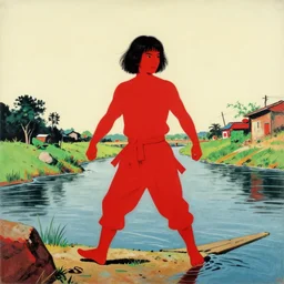red samurai crossing the river, drawn by Warhol, 4K image