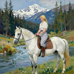 a painting of a very beautiful blonde woman riding a white horse by a beautiful river in a virgin forest with snowy mountains in the background, in the style of david hockney, amazing detail, award winning