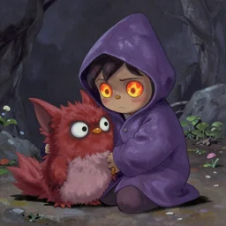 Little nightmares, purple raincoat, fiery eyes, cuddling her gremlings as in the movie, painted by raymond swanland