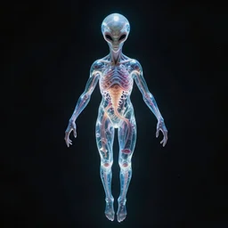 an evil alien, with transparent skin, visible internal, looks like sea creatures, luminous body, floating in the void. alexander mcqueen, anthony chong jones, daarken, greg rutkowski