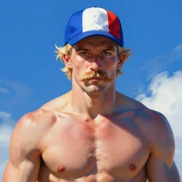 portrait of crossfiter guillaume briant upper part of the body with a french flag cap and blond hairs, powerful, musculated, he got a big french musctache, by aenaluck, artgerm and roberto ferri and greg rutkowski, blue and white tones, digital painting, artstation, concept art, smooth, sharp foccus ilustration hq