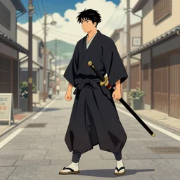 A man with a samurai suit holding 2 swords on his side, while walking down a street, ushiyo-e, digital art, trending on Artstation