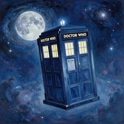 A beautiful painting of TARDIS  from Doctor Who flying in the night sky with the galaxy and a moon by Ivan Konstantinovich Aivazovsky, blue color scheme