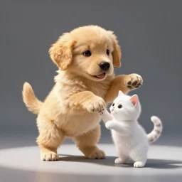 A very cute tiny golden retriever puppy and a very tiny and cute white kitten dancing, artstation, r/aww