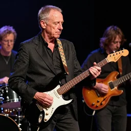 eric clapton playing black fender stratocaster with tab benoit playing rhythm guitar, full band picture, photorealistic, intricate details naturalism, ross halfin award - winning photograph