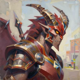 Greg Manchess portrait painting of a horned, demonic, devil dragon armored character from league of legends, medium shot, asymmetrical, profile picture, Organic Painting, sunny day, Matte Painting, bold shapes, hard edges, street art, trending on artstation, by Huang Guangjian and Gil Elvgren and Sachin Teng