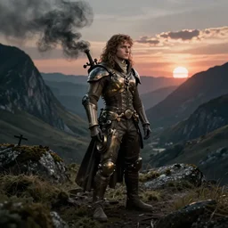 steampunk ent from lord of the rings, realistic, pastel, high detail, dark, natural mountainous background with setting sun, smoke in sky