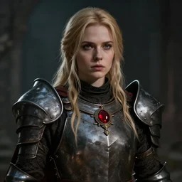 a blonde - haired woman in heavy armor, red amulet on a necklace, gloomy atmosphere, trending on artstation, hyper detailed