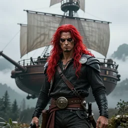 male sky-pirate with long red hair standing in front of an airship, high detailed face, realistic, ultra detailed, menacing, powerful, dark, shallow focus, forest, mountains in the background concept art design as if designed by Wētā Workshop