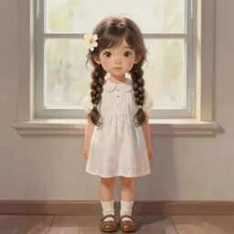 a beautiful digital full body painting of a modern day petite young girl, with braided brunette hair, wearing aflower in her hair, standing in front of a window, symmetrical face, 8 k. trending on art station, art by gaston bussiere