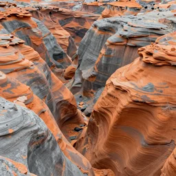 a highly detailed photograph of a huge canyon made of orange and grey rocks with a small river at the bottom, rainbow color scheme, highly detailed, very realistic
