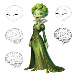 Peggy Bundy as an alien queen, plant and brain theme, laughing, animated character design, control art, model sheet, production art, in the style of don bluth, Miyazaki, dragon’s lair, cowboy bebop, spirited away, heavy metal the movie,