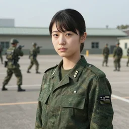 portrait of hitomi tanaka wearing a military uniform, backround : army base with soldiers training nearby, by charlotte grimm, studio light, detailed face, canon eos c 3 0 0, ƒ 1. 8, 3 5 mm, 8 k, medium - format print, half body shot
