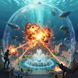 Fantasy fighter dogfight scene in a bustling beautiful city on the sea floor inside a glass dome exploding and being attacked by hostile aliens, war, explosions, violence, terror, spaceships, anime, fountain, statue, underwater, rapture, fish flying over head, godrays, a fantasy digital painting by Greg Rutkowski and James Gurney, trending on Artstation, highly detailed