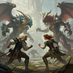 hyperrealism fantasy creatures fight scene with characters from league of legends portrait, anthony van dyck, camille corot, digital art, wallpaper of an fantasy fight, background of sci fi city in fog, diffused lighting, extremely detailed, 8 k, sharp, trending dop hdr