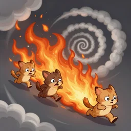 cartoon concept art, terrified animal characters running from the fire, spiral clouds, from lorax movie