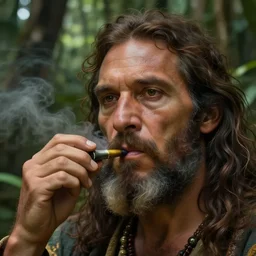a beautiful portrait of chief dan george taking tobacco snuff in the jungle, hyper realistic face, fantasy art, in the style of greg rutkowski, intricate, matte painting, hyper detailed, smooth