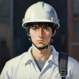 Portrait of an engineer with helmet,  very coherent, painted by Edward Hopper, Wayne Barlowe, painted by James Gilleard, airbrush,  art by JamesJean and  fine details. Anime. realistic shaded lighting poster by  Ilya Kuvshinov katsuhiro otomo ghost-in-the-shell, magali villeneuve, artgerm, Jeremy Lipkin and Michael Garmash and Rob Rey