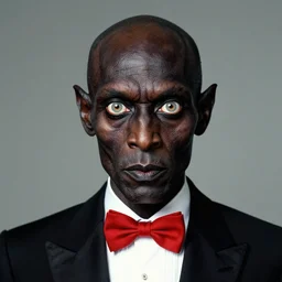 highly detailed portrait of an evil, dark skinned space demon with huge penetrating eyes, in a tuxedo with a red bowtie, by gottfried helnwein, by richard estes, studio lighting, sigma 8 5 mm f / 1. 8