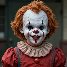 pennywise in the style of chucky, realistic photo, well detailed, trend in artstation, 8k